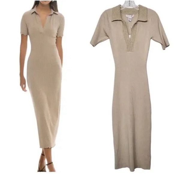 Caroline Constas Knit Dress Turquoise Ribbed Crochet Collar Bodycon Midi Medium - Picture 1 of 5